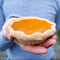 Person holding a small pumpkin pie outdoors